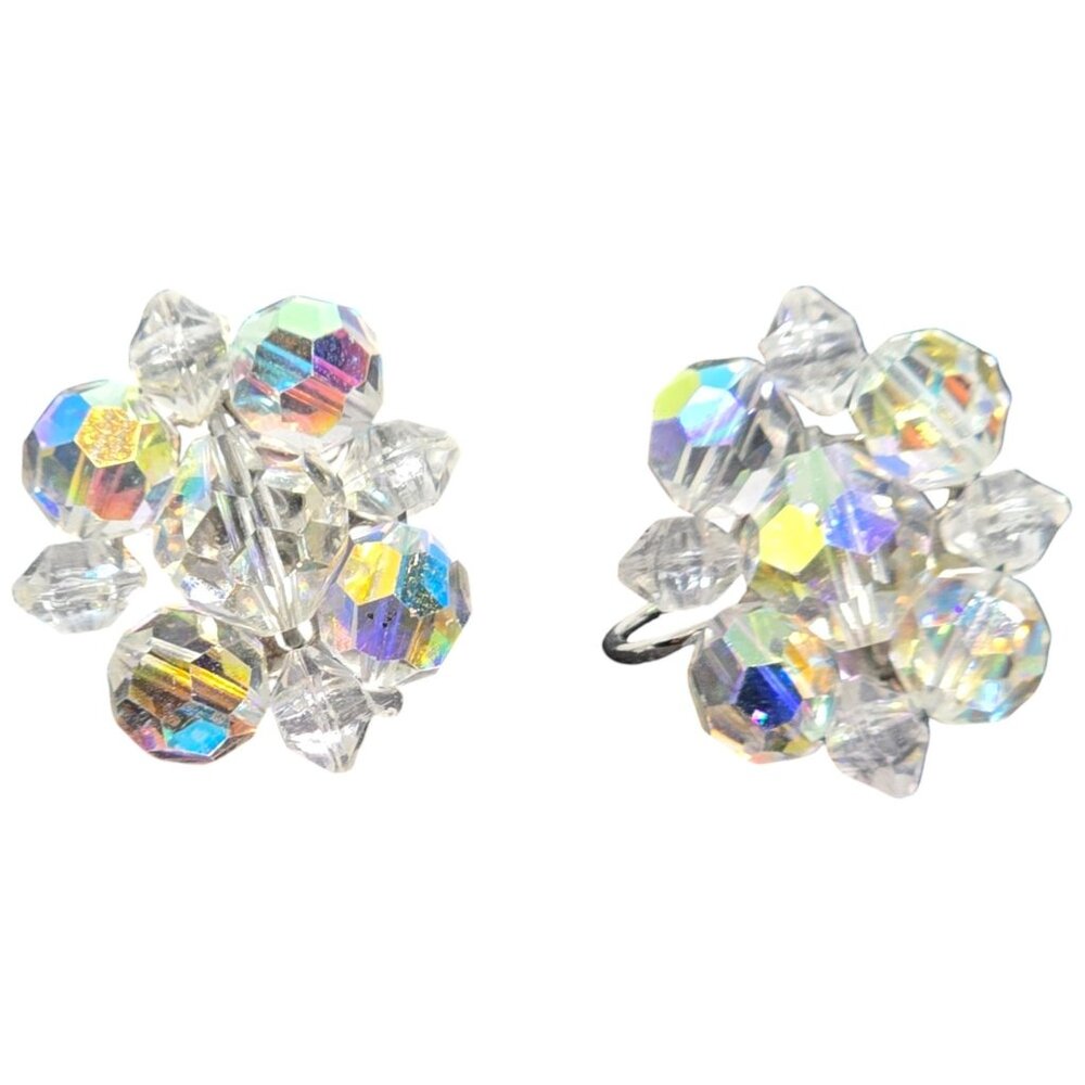 Vintage Aurora Borealis Crystal Cluster Screw Back Earrings‎
